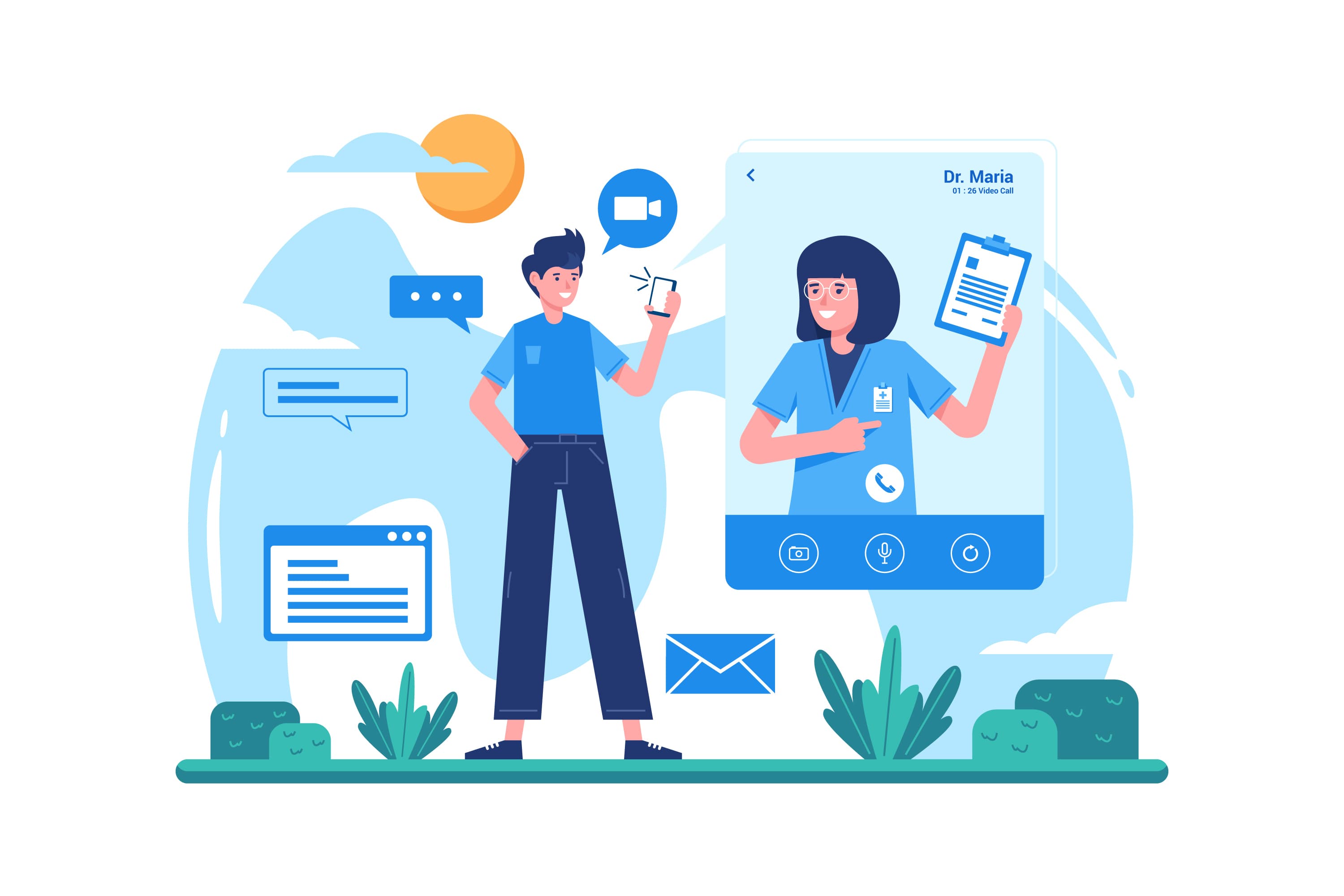Cross-channel care journey illustration for web scheduling and native telehealth companion delivery
